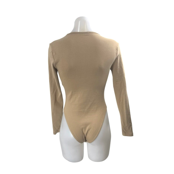 Zara Women's Tan Brown Deep V Neck Long Sleeve Slim Tee T-Shirt Bodysuit Top S