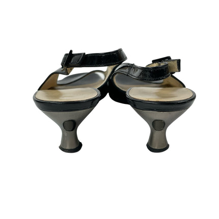 Salvatore Ferragamo Black Leather Open Toe Kitten Heels Slingback Sandals Sz 6.5