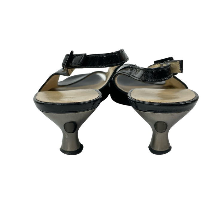 Salvatore Ferragamo Black Leather Open Toe Kitten Heels Slingback Sandals Sz 6.5