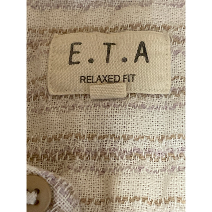 E.T.A Men's Beige Striped Relaxed Fit Short Sleeve Button Down Shirt Top Size M