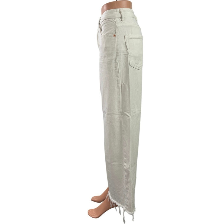 Pull & Bear Women's White High Rise Raw Hem Wide Leg Baggy Denim Jeans Size 4