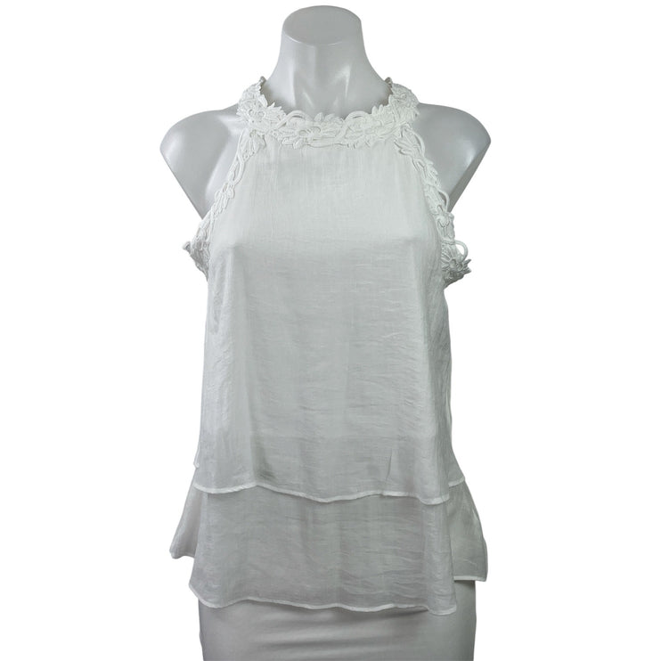 NEW Fortune + Ivy Cooper White Floral Lace Sleeveless Tiered Blouse Top Size M