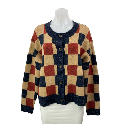 Madewell Beige Wool Checkered Colorblock Knit Button Down Cardigan Sweater M