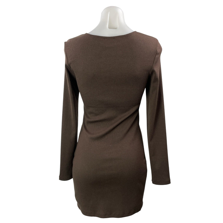 Princess Polly Brown Long Sleeve Ribbed Knit Square Neck Mini Bodycon Dress 6
