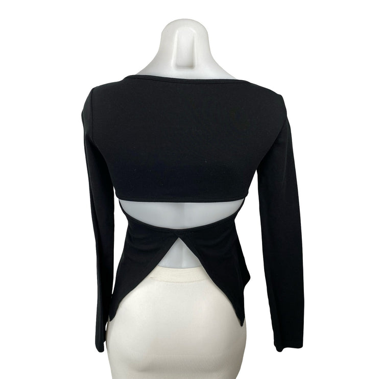 Commense Women's Black Scoop Neck Long Sleeve Back Cut Out Peplum Blouse Top XS