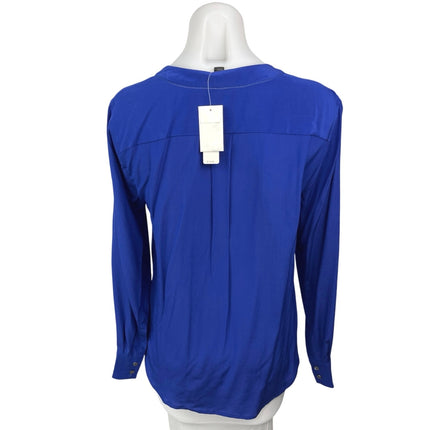 NEW J.Crew Blue 100% Silk Satin Drapey V Neck Casual Long Sleeve Blouse Top Sz 8