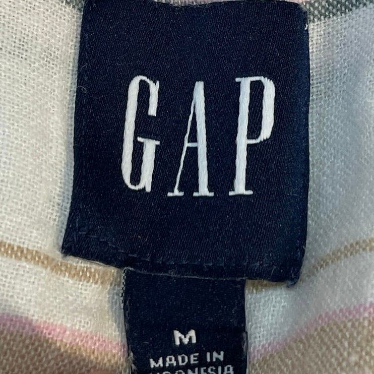 Gap White Pink Striped Linen Long Sleeve Pocket Button Down Shirt Top Size M