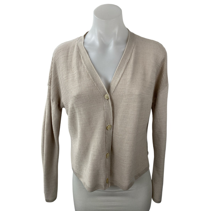 Theory Women's Beige Linen Knit Long Sleeve V Neck Button Up Cardigan Sweater M