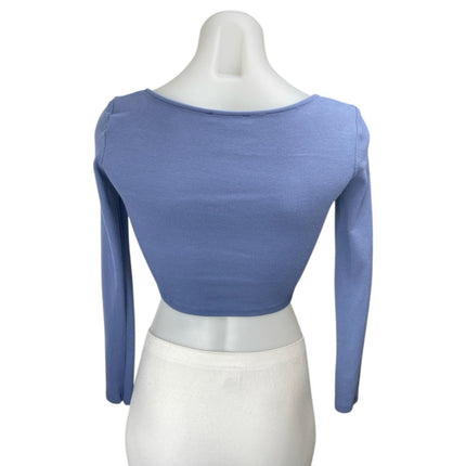 Zara Women's Blue Long Sleeve Ribbed Knit Ruched Tie Front Crop Top Size S