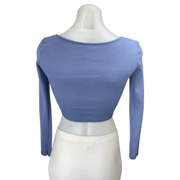 Zara Women's Blue Long Sleeve Ribbed Knit Ruched Tie Front Crop Top Size S