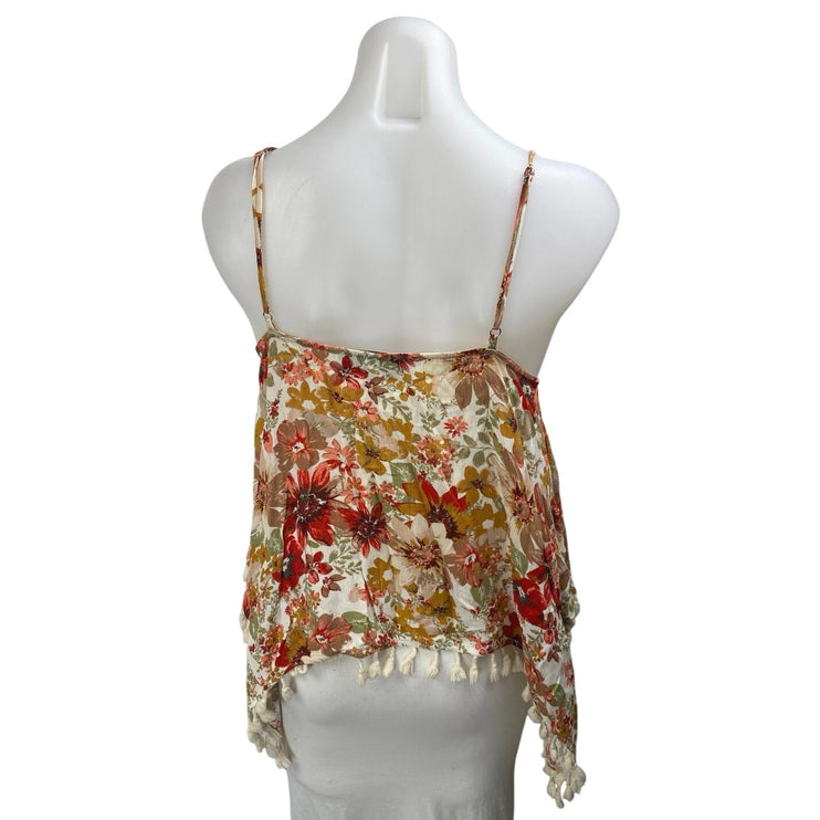 Women's Multicolor Floral Sleeveless Tassel Tie Asymmetric Y2K Cami Tank Top S