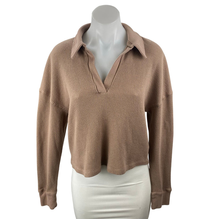 Abercrombie & Fitch Tan Waffle Knit Long Sleeve Polo Thermal Sweater Top Size M