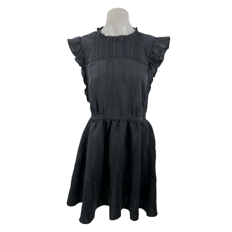 Club Monaco Black Ruffle Sleeve Mock Neck Pintucked Fit & Flare Mini Dress Sz 6