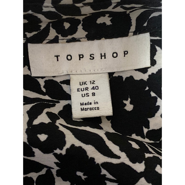 Topshop Black Floral Button Collared Bow Front Long Sleeve Mini Shirt Dress Sz 8