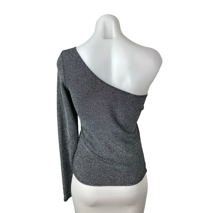 Reformation Sparkly Sterling Metallic Gray One Shoulder Long Sleeve Blouse Top S