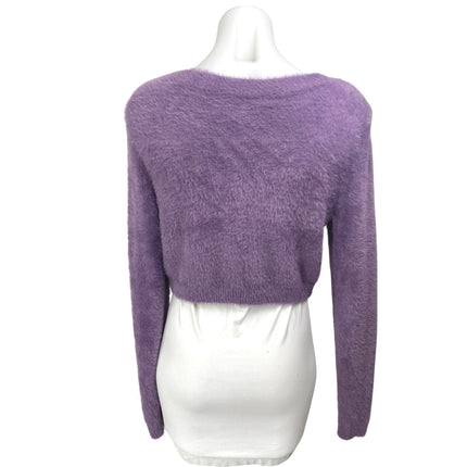 Aritzia Sunday Best Purple Fuzzy Faux Fur Button Crop Cardigan Sweater Top Sz M