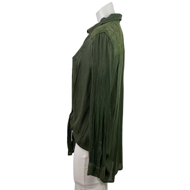 Lola P Women's Green Long Sleeve Embroidered Lace Button Down Shirt Top Size S