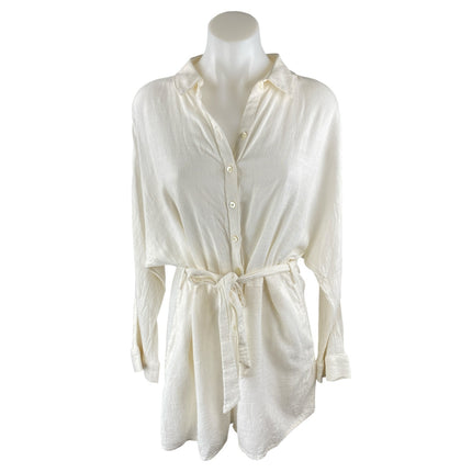 L Space White Collared Long Sleeve Belted Button Down Shirt Jumpsuit Romper Sz L