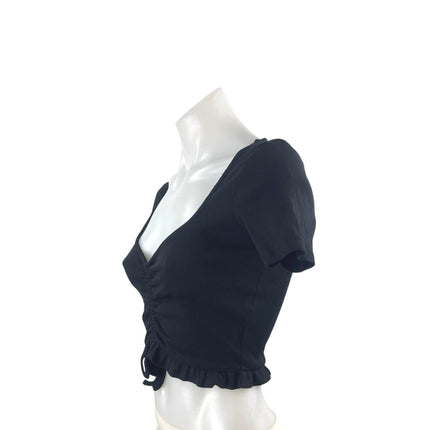 Zara Black Ribbed Ruched Ruffle Short Sleeve Crop Tee Basic T-Shirt Blouse Top M
