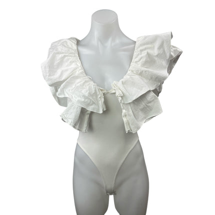 Zara Womens White Ruffle Ribbed Knit Scoop Neck Blouse Thong Bodysuit Top Size S