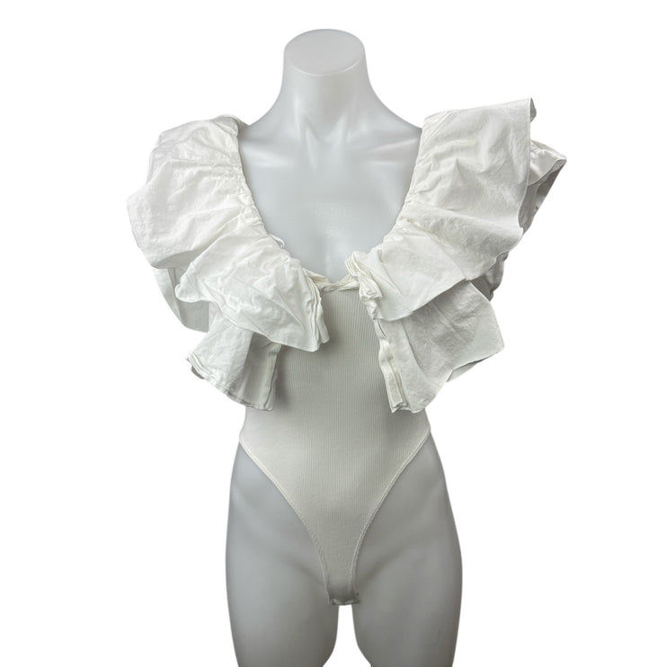 Zara Womens White Ruffle Ribbed Knit Scoop Neck Blouse Thong Bodysuit Top Size S