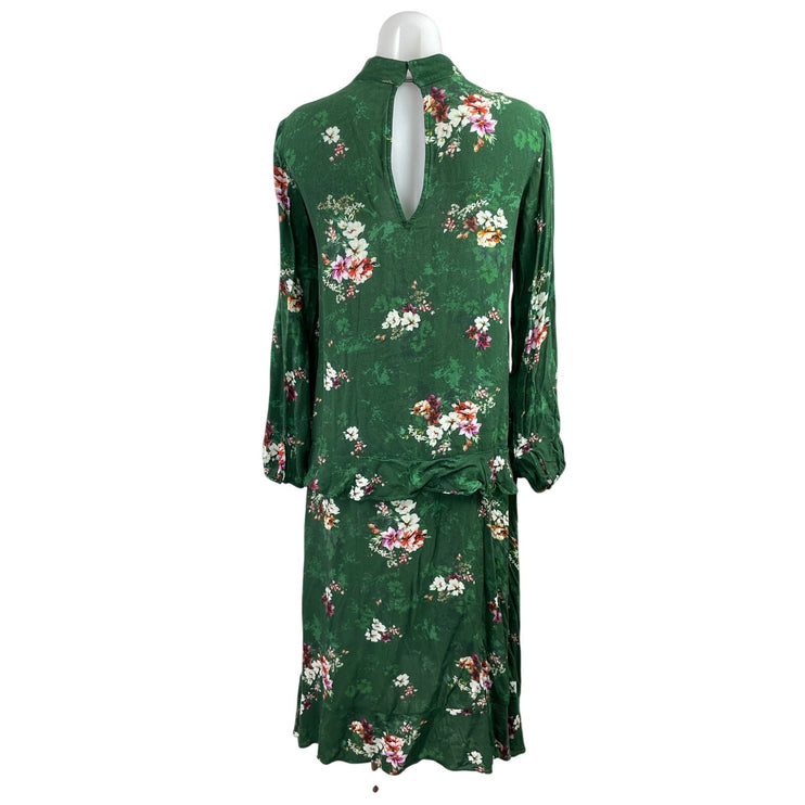 H&M Womens Green Floral Ruffle Mock Neck Long Sleeve Drop Waist Midi Dress Sz 4