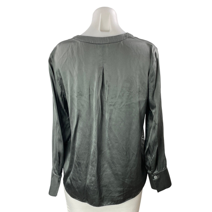 Club Monaco Women's Gray 100% Silk V Neck Long Sleeve Button Down Shirt Size S
