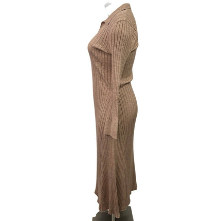 Tash + Sophie Tan Long Sleeve Ribbed Knit Collared Polo Sweater Maxi Dress XL