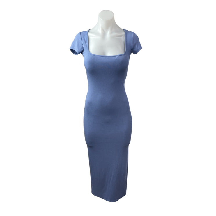 See You Monday Blue Ribbed Knit Short Sleeve Square Neck Midi Bodycon Dress S