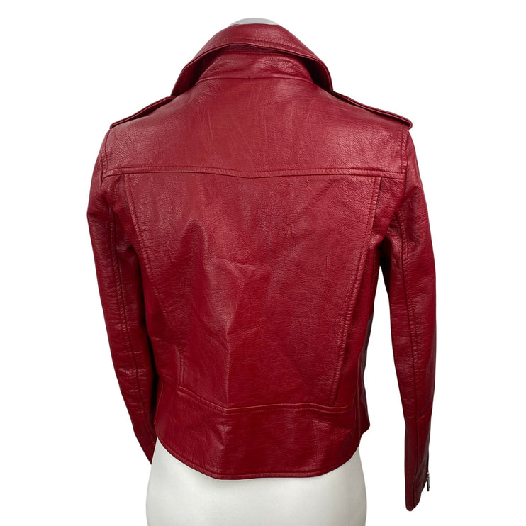 Zara Womens Red Faux Leather Vegan Long Sleeve Full Zip Moto Biker Jacket Size M