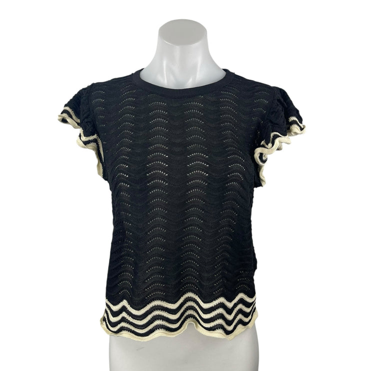 Solitaire Black Crochet Knit Short Flutter Sleeve Crop Sweater Blouse Top Size M