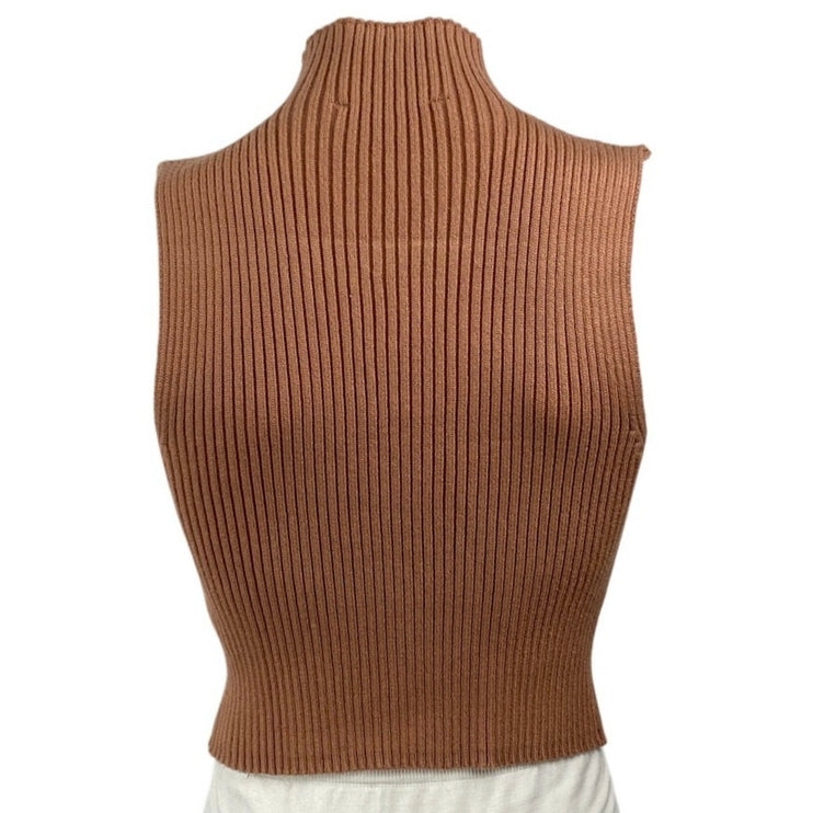 Zara Womens Brown Ribbed Knit Turtle Neck Sleeveless Casual Slim Crop Tank Top S