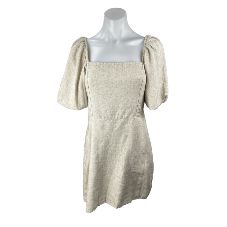 Abercrombie & Fitch Beige Linen Short Puff Sleeve Square Neck ALine Mini Dress S