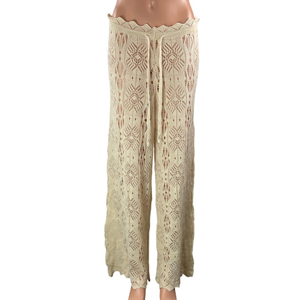 Women's Beige Crochet Knit Geometric High Waisted Boho Wide Leg Trousers Pants S