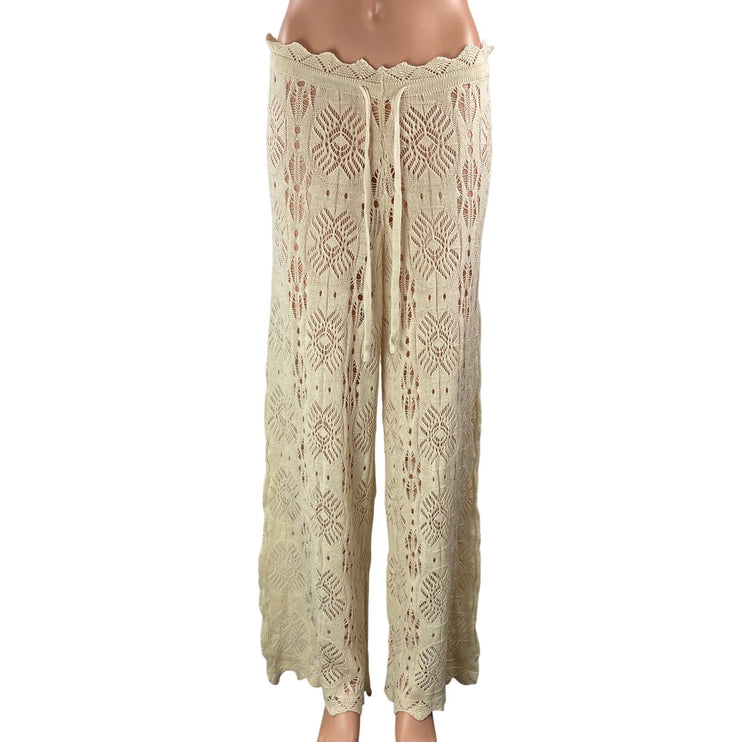 Women's Beige Crochet Knit Geometric High Waisted Boho Wide Leg Trousers Pants S