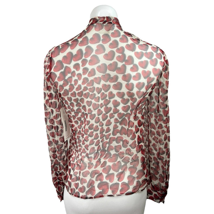 Prada Red White Heart Print Button Up Long Sleeve Ruffle Tie Neck Blouse Top S