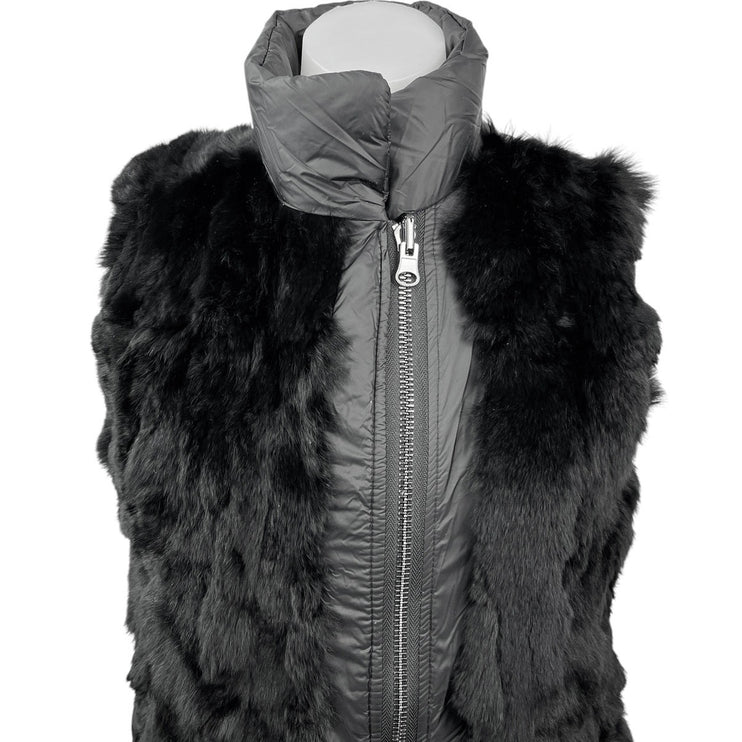 Adrienne Landau Women's Black Reversible Faux Fur Zip Up Puffer Vest Coat Size S