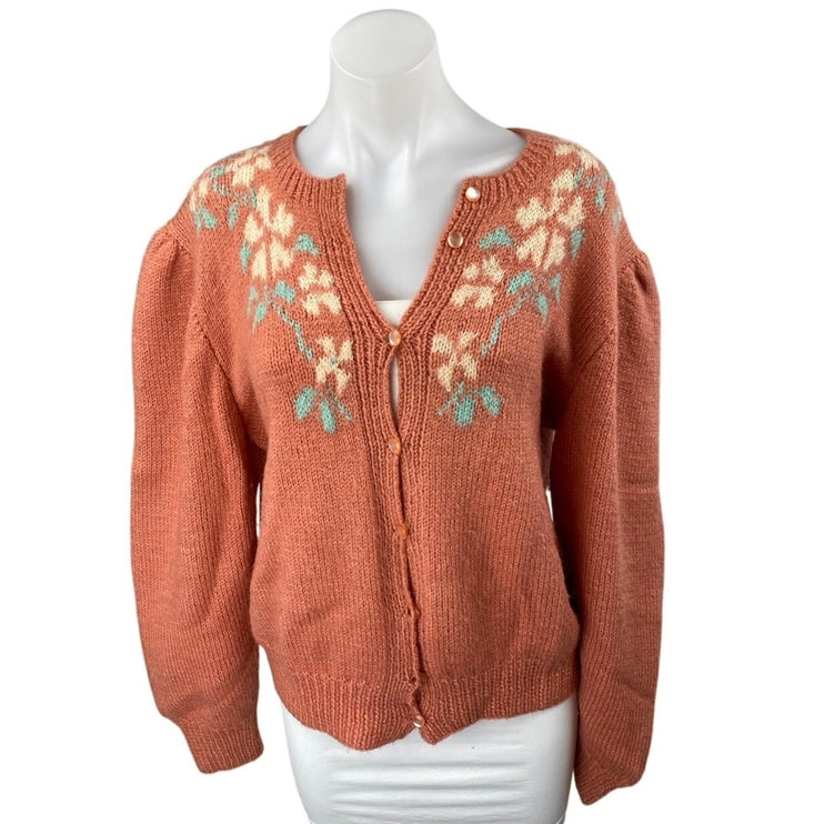 Women's Coral Floral Long Sleeve Knit Button Down Cardigan Sweater Top Size M