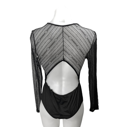 Lulus Casita Black Sheer Lace Long Sleeve Plunge V-neck Bodysuit Blouse Top Sz M
