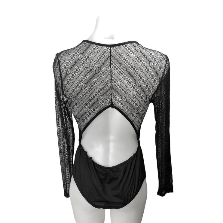 Lulus Casita Black Sheer Lace Long Sleeve Plunge V-neck Bodysuit Blouse Top Sz M