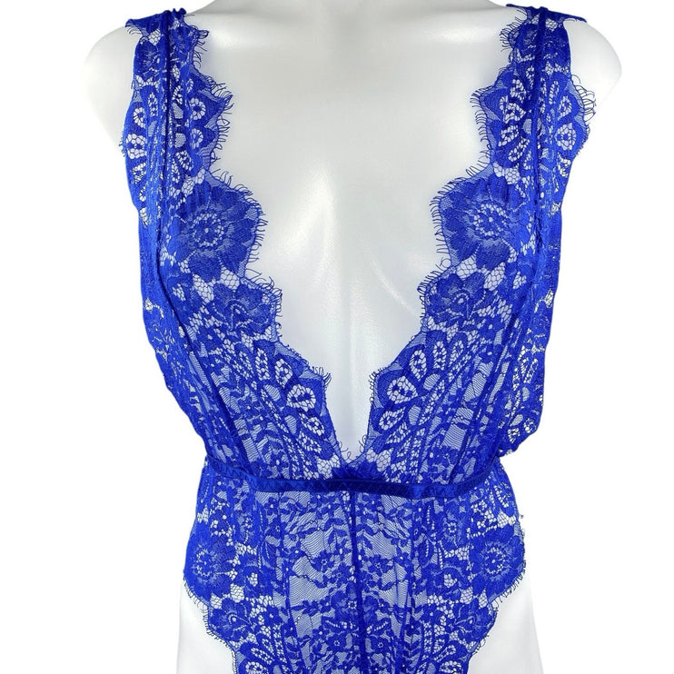Women's Blue Floral Lace Deep Neck Chiffon Sheer 2-Piece Lingerie Matching Set L