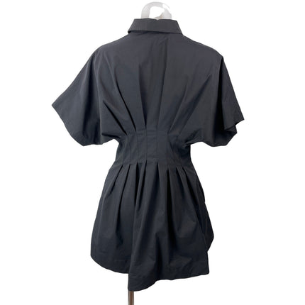 EXQUISE Womens Black Short Sleeves Button Down Pleated Flared Mini Shirt Dress M