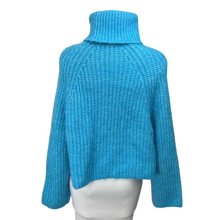Zara Women's Blue Ribbed Knit Long Sleeve Turtleneck Foldover Sweater Top Size S