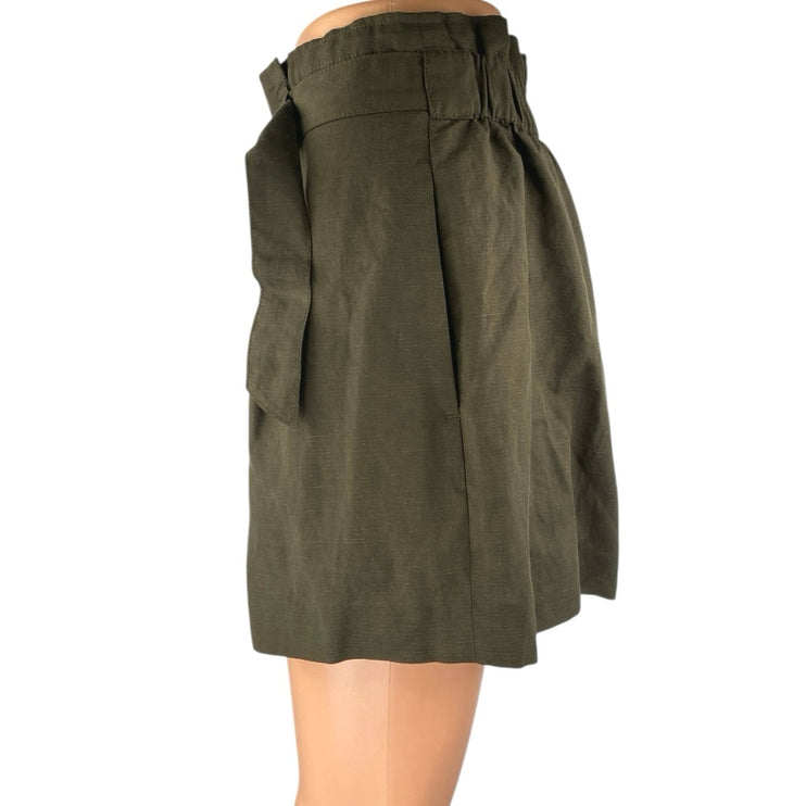 Club Monaco Women's Green Linen Belted High Rise Paperbag Mini Shorts Size 6
