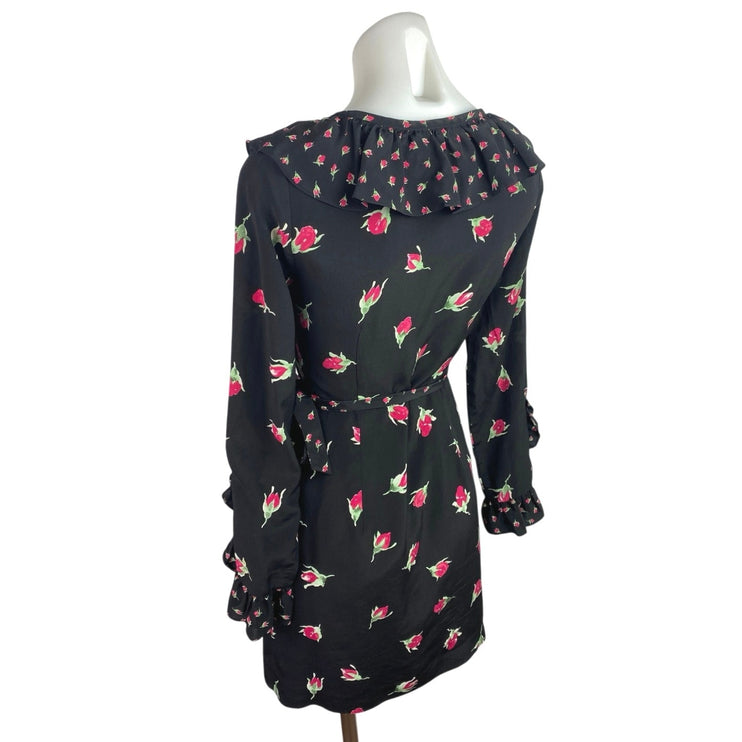 Club Monaco 100% Silk Black Floral Ruffle Long Sleeve V-Neck Mini Wrap Dress 0