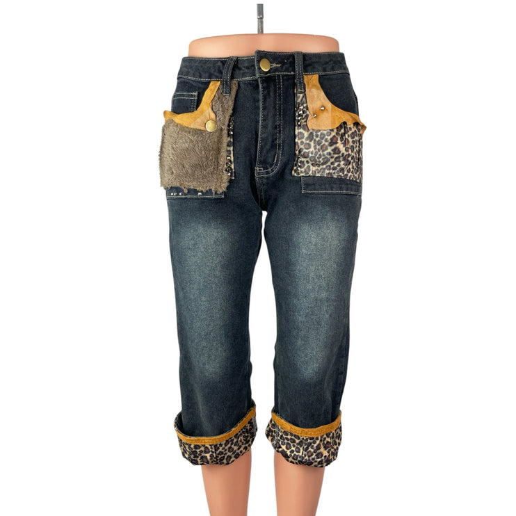 Romwe Leopard Faux Fur Patchwork Mid Rise Vintage Capri Denim Jeans Pants Size S