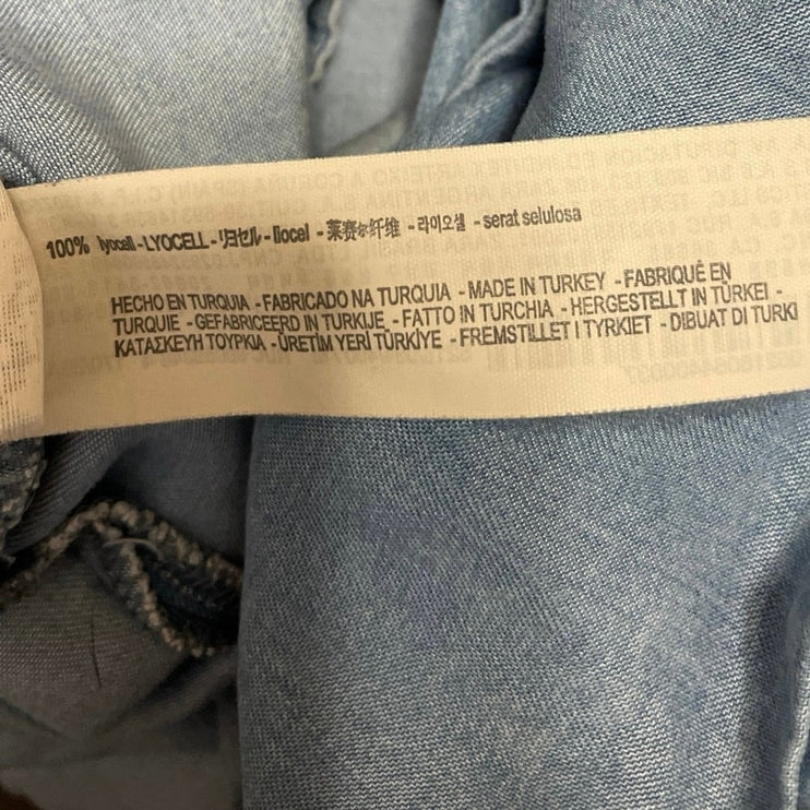 Zara Women's Blue Long Sleeve Ruched Denim Jean Button Down Shirt Top Size M
