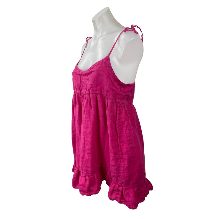 Zara Pink 100% Linen Tie Cami Strap Backless Babydoll Ruffle Mini Dress Size M