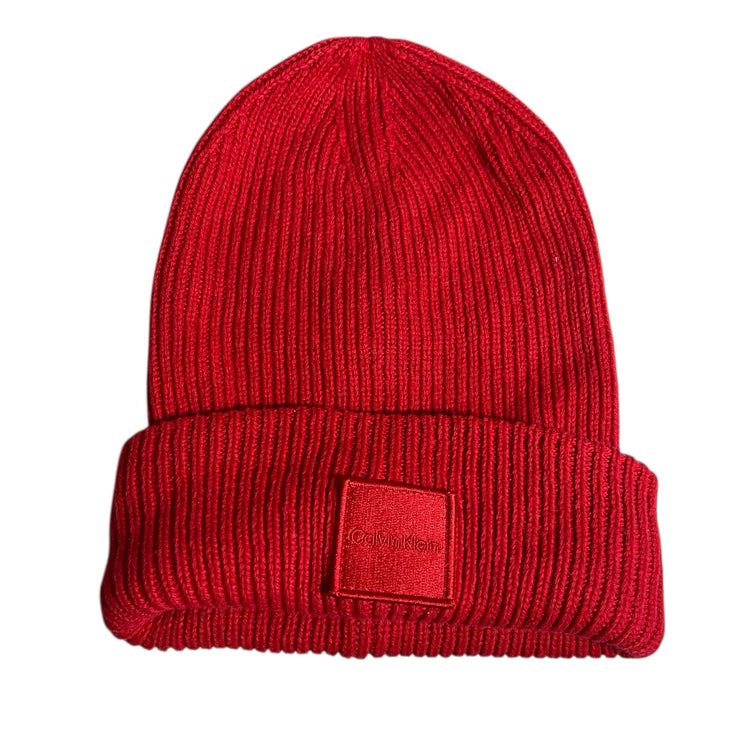 Calvin Klein Women's Red Wool Ribbed Knit Cuffed Logo Winter Beanie Hat OS