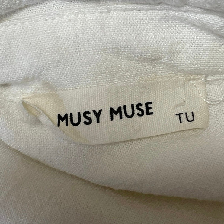 Musy Muse Women White 100% Linen Pocket Long Sleeve Button Down Shirt Top Size L